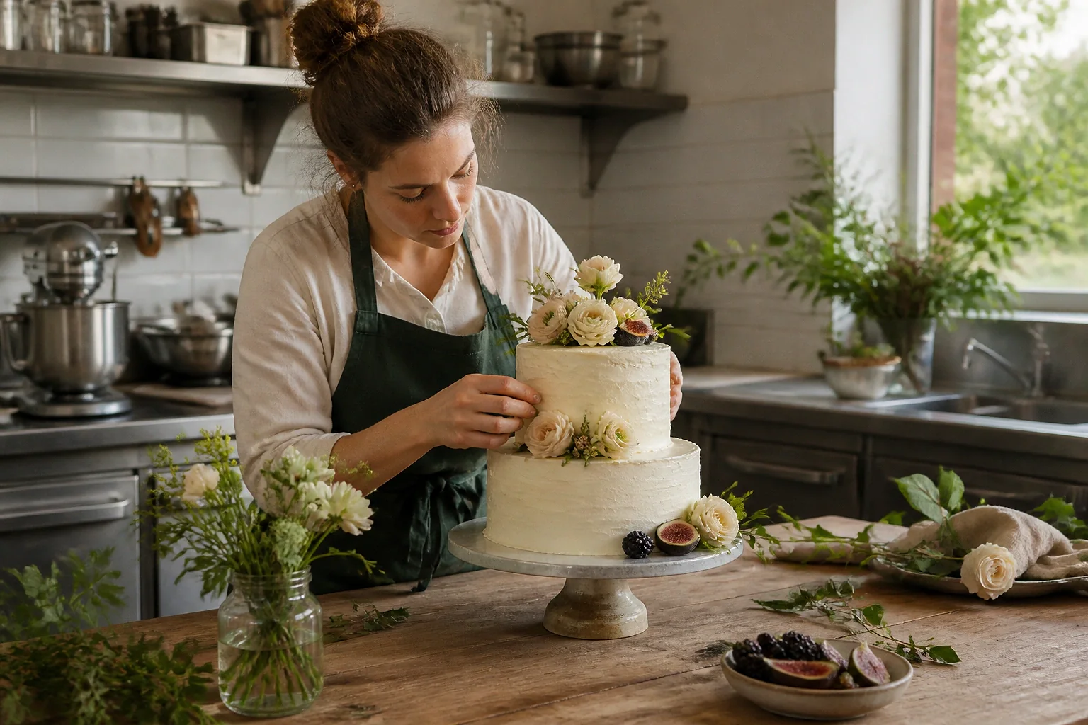 Gâteau de mariage préparé dans un atelier — illustration générée par IA