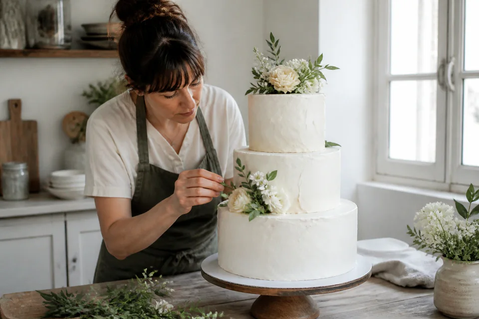 Gâteau de mariage préparé dans un atelier — illustration générée par IA