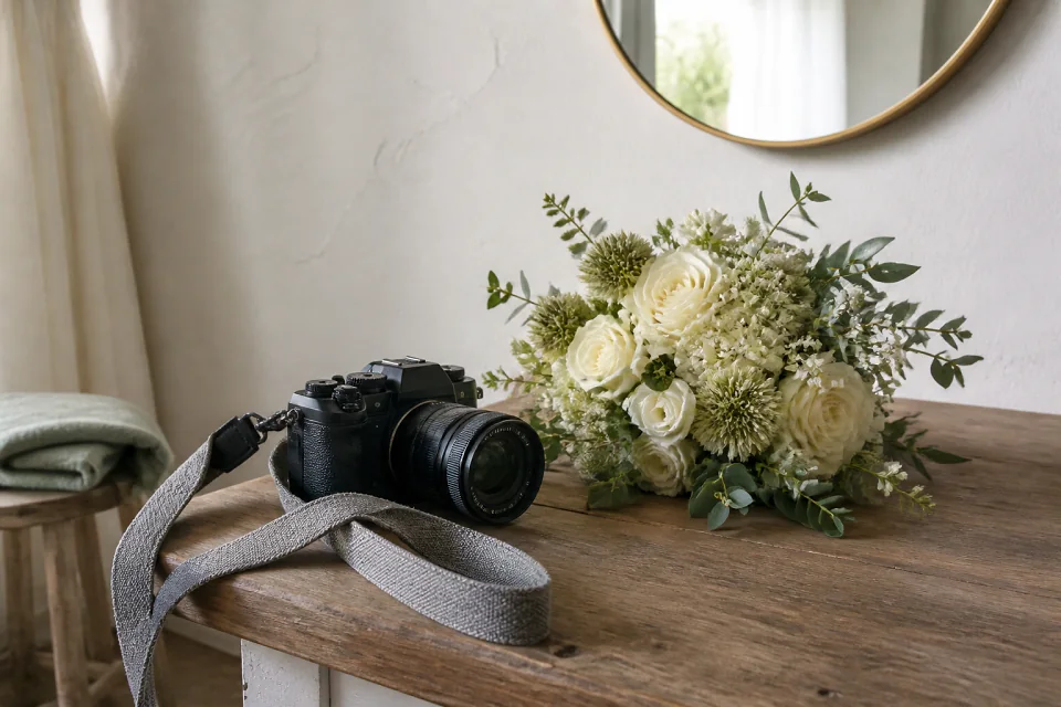 Appareil photo et accessoires de reportage de mariage — illustration générée par IA