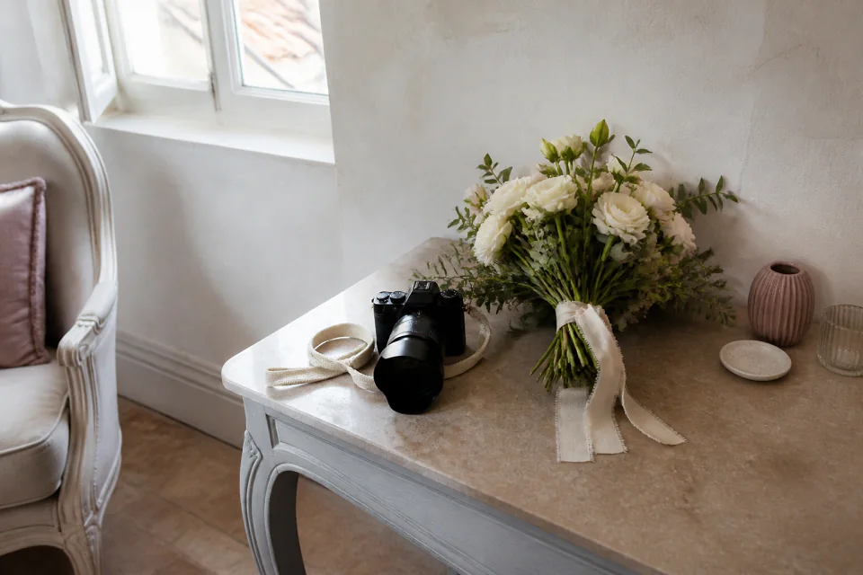Appareil photo et accessoires de reportage de mariage — illustration générée par IA