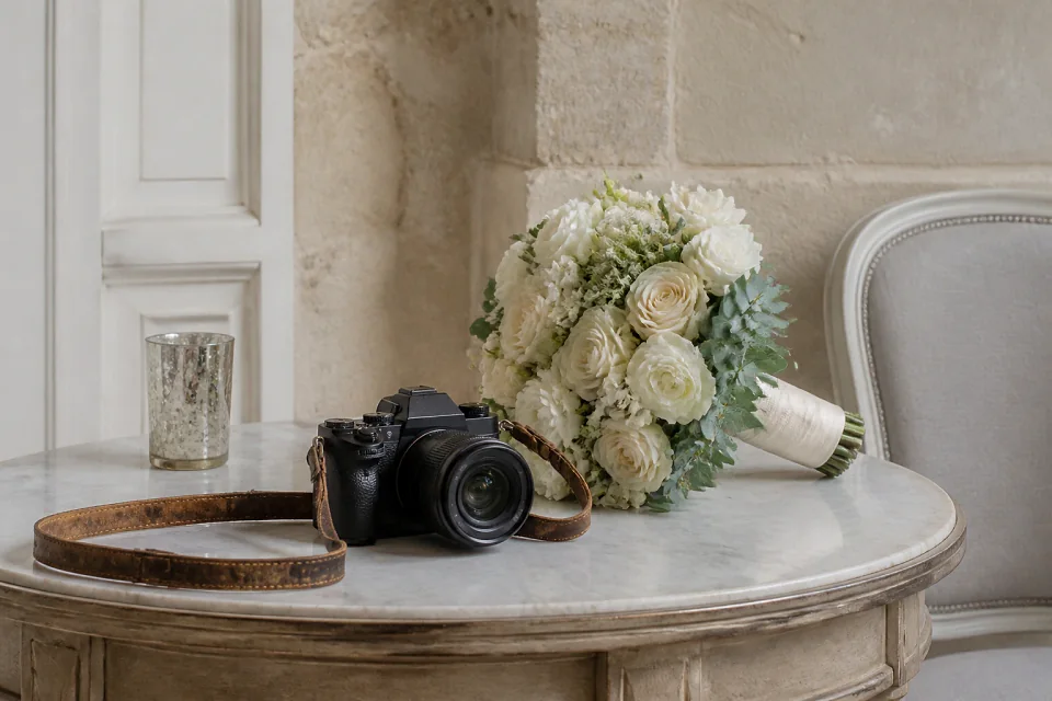 Appareil photo et accessoires de reportage de mariage — illustration générée par IA