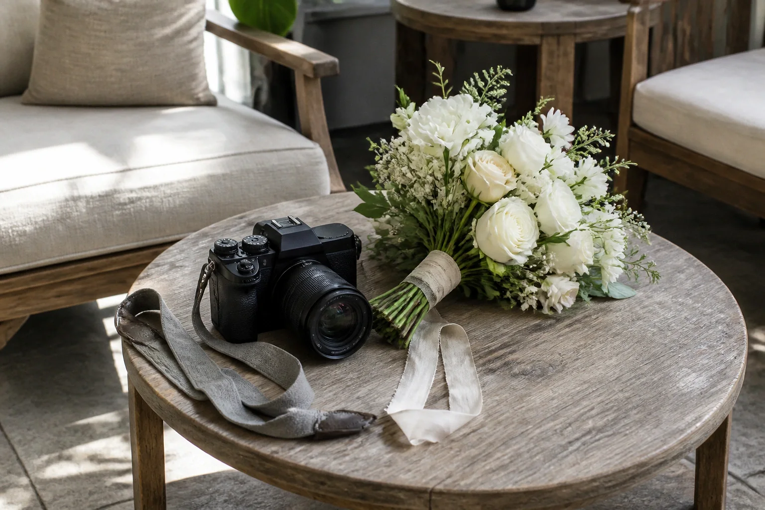Appareil photo et accessoires de reportage de mariage — illustration générée par IA