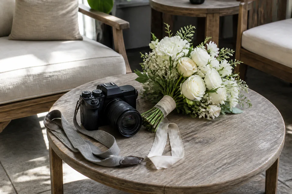Appareil photo et accessoires de reportage de mariage — illustration générée par IA
