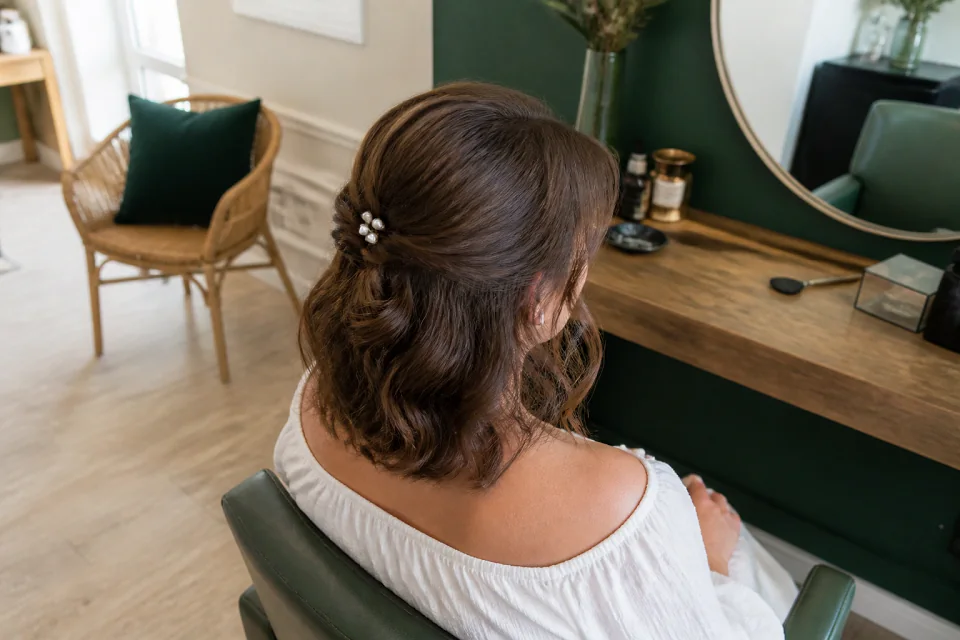 Coiffure de cérémonie vue pendant la préparation — illustration générée par IA