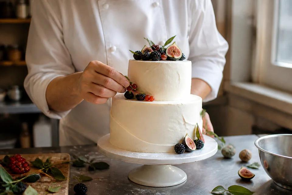 Gâteau de mariage préparé dans un atelier — illustration générée par IA