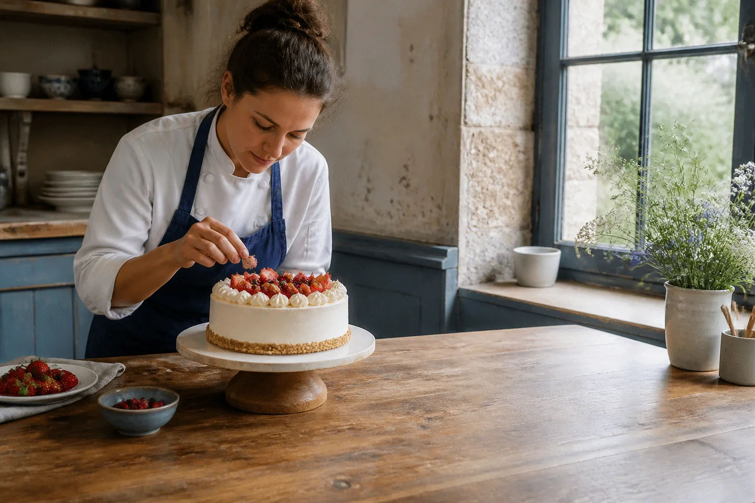 Gâteau de mariage préparé dans un atelier — illustration générée par IA