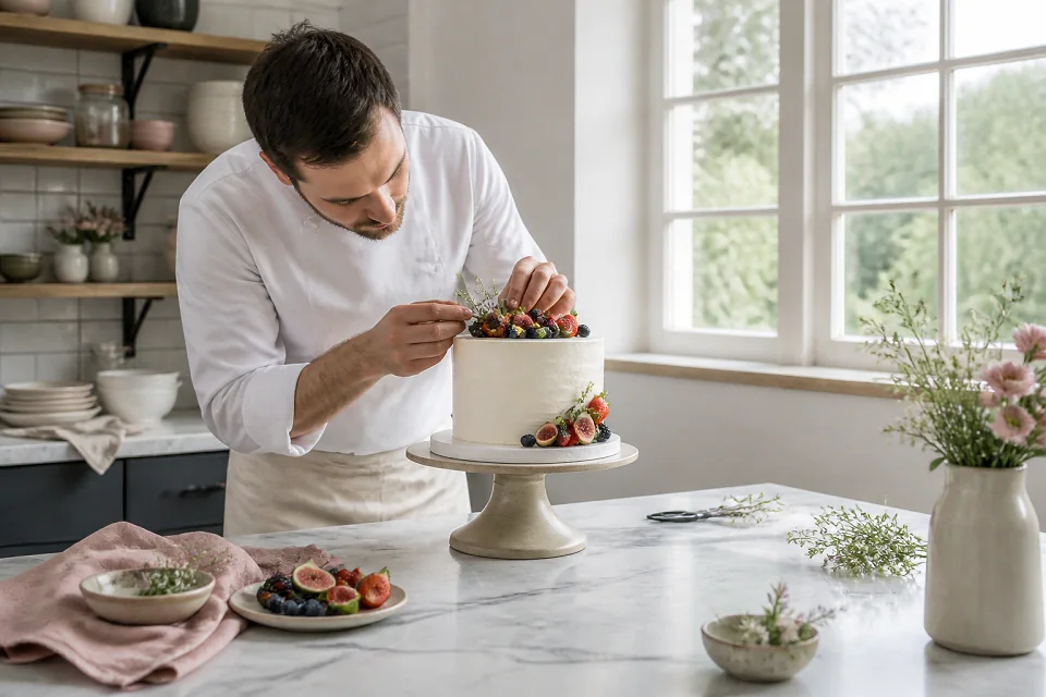 Gâteau de mariage préparé dans un atelier — illustration générée par IA