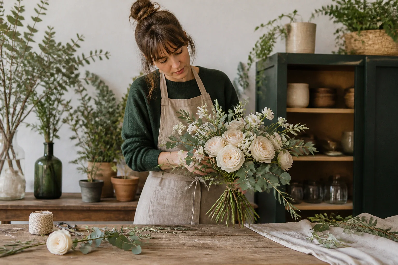 Préparation florale pour un mariage — illustration générée par IA