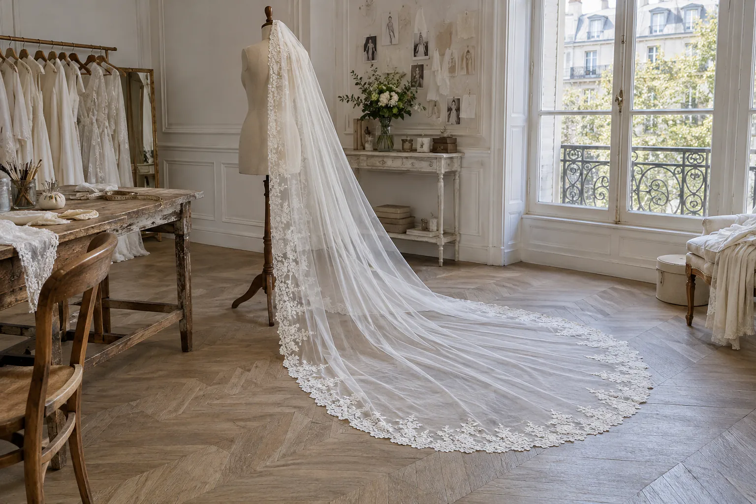 Voile de mariée en tulle et dentelle dans un atelier — illustration générée par IA