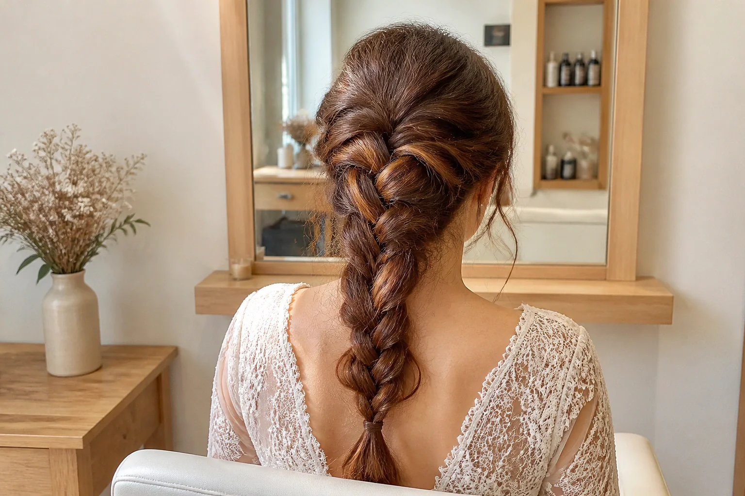 Coiffure de cérémonie vue pendant la préparation — illustration générée par IA