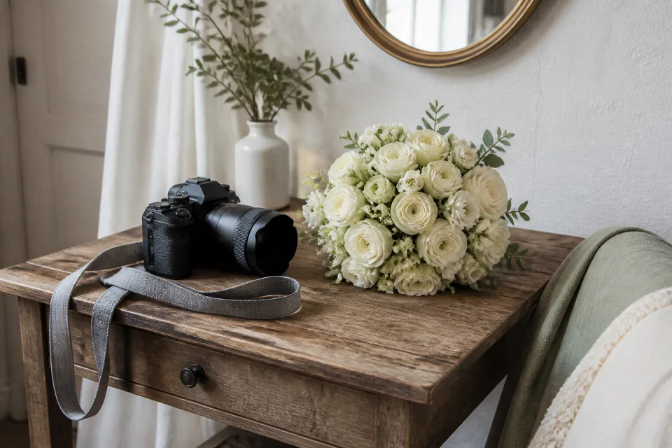 Appareil photo et accessoires de reportage de mariage — illustration générée par IA