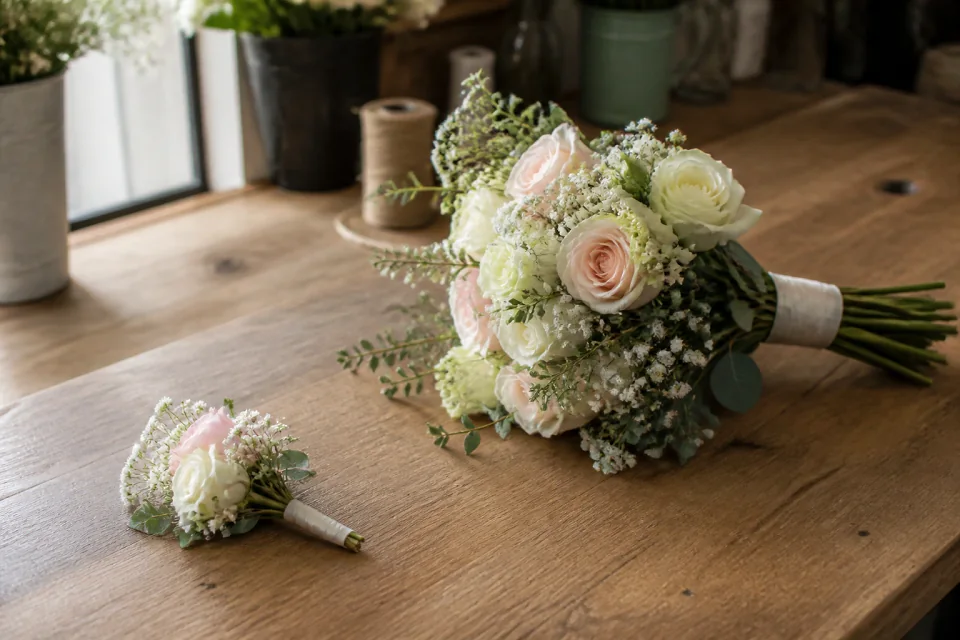 Préparation florale pour un mariage — illustration générée par IA