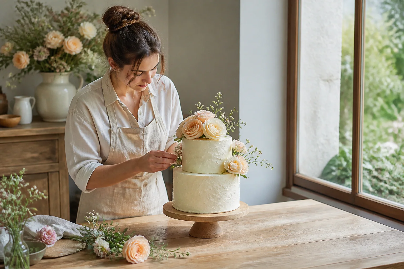 Gâteau de mariage préparé dans un atelier — illustration générée par IA