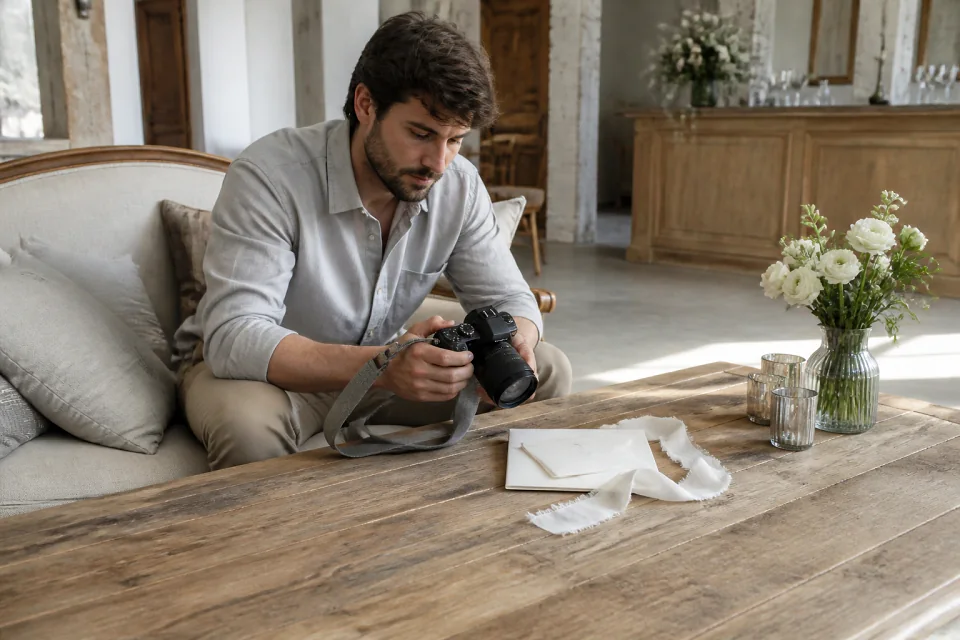 Appareil photo et accessoires de reportage de mariage — illustration générée par IA