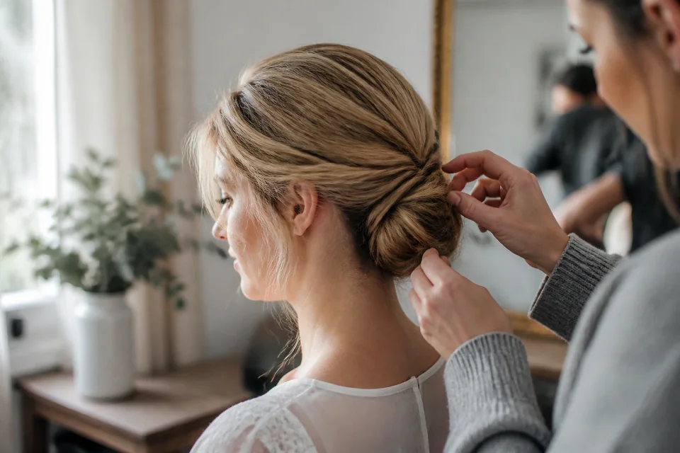 Coiffure de cérémonie vue pendant la préparation — illustration générée par IA
