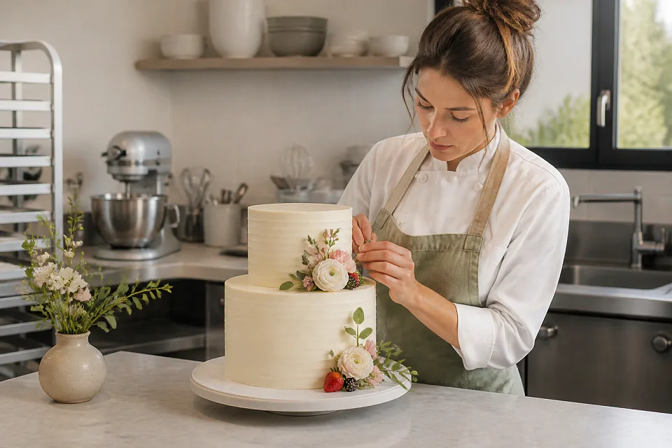 Gâteau de mariage préparé dans un atelier — illustration générée par IA