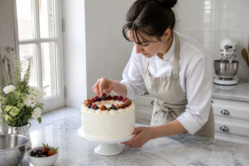 Gâteau de mariage préparé dans un atelier — illustration générée par IA
