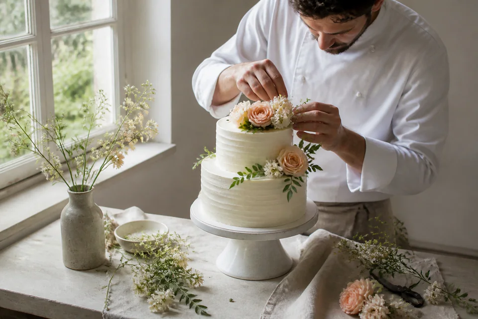 Gâteau de mariage préparé dans un atelier — illustration générée par IA