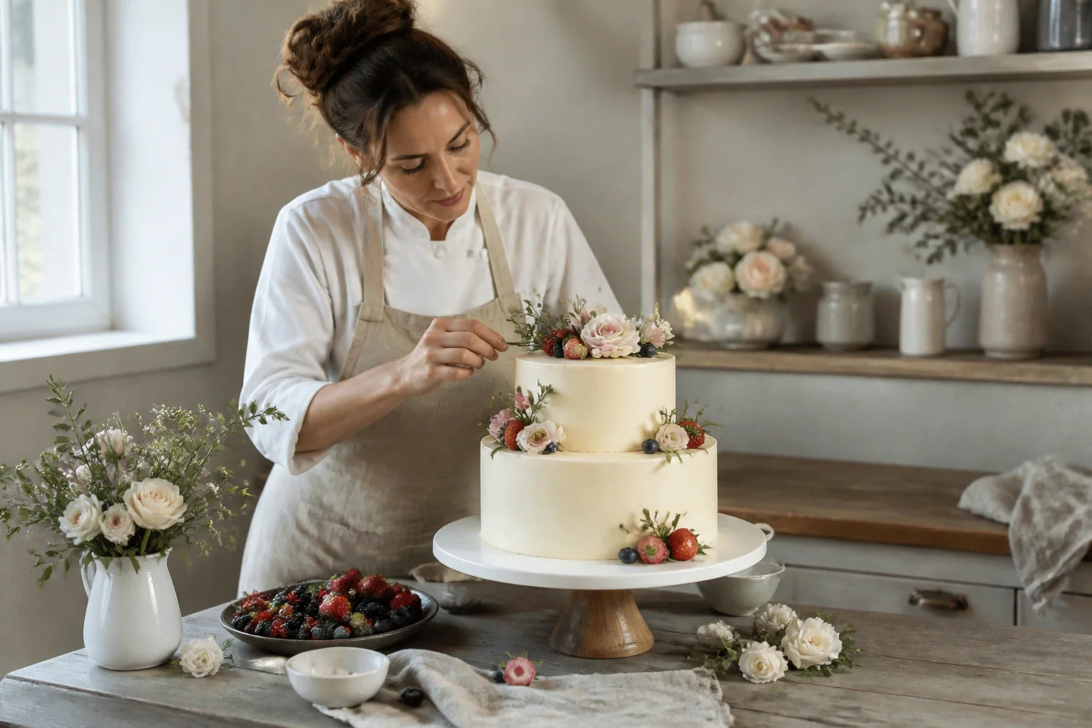 Gâteau de mariage préparé dans un atelier — illustration générée par IA