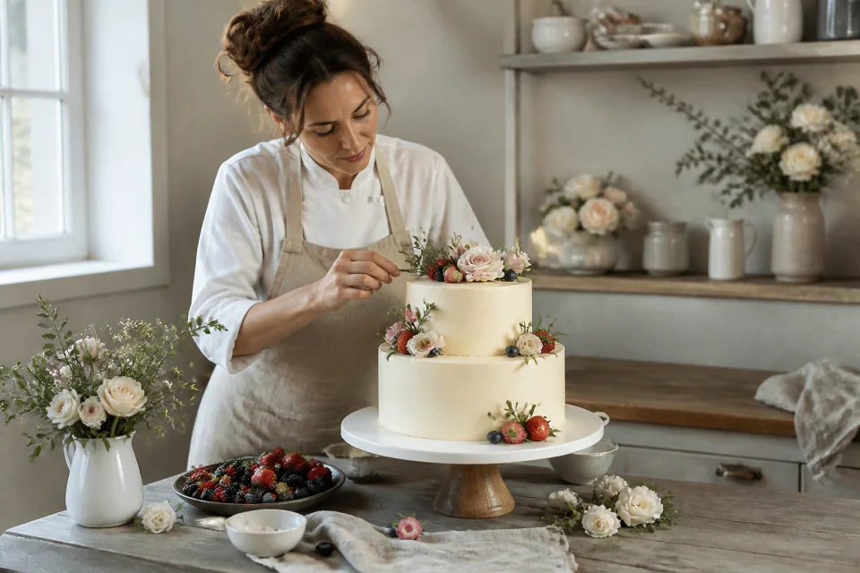 Gâteau de mariage préparé dans un atelier — illustration générée par IA