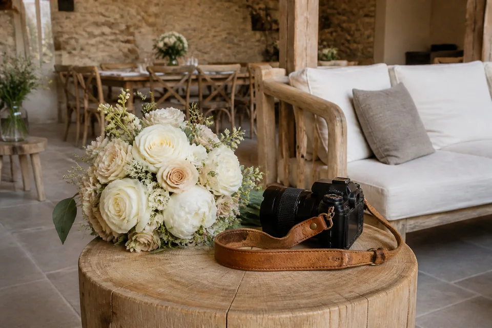 Appareil photo et accessoires de reportage de mariage — illustration générée par IA