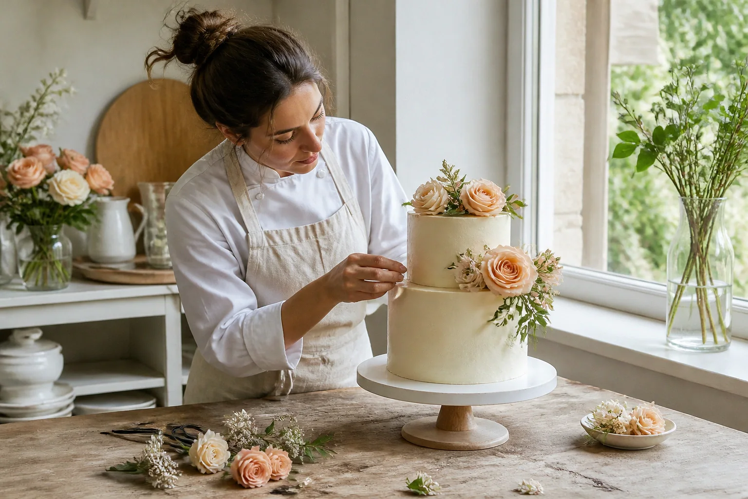 Gâteau de mariage préparé dans un atelier — illustration générée par IA