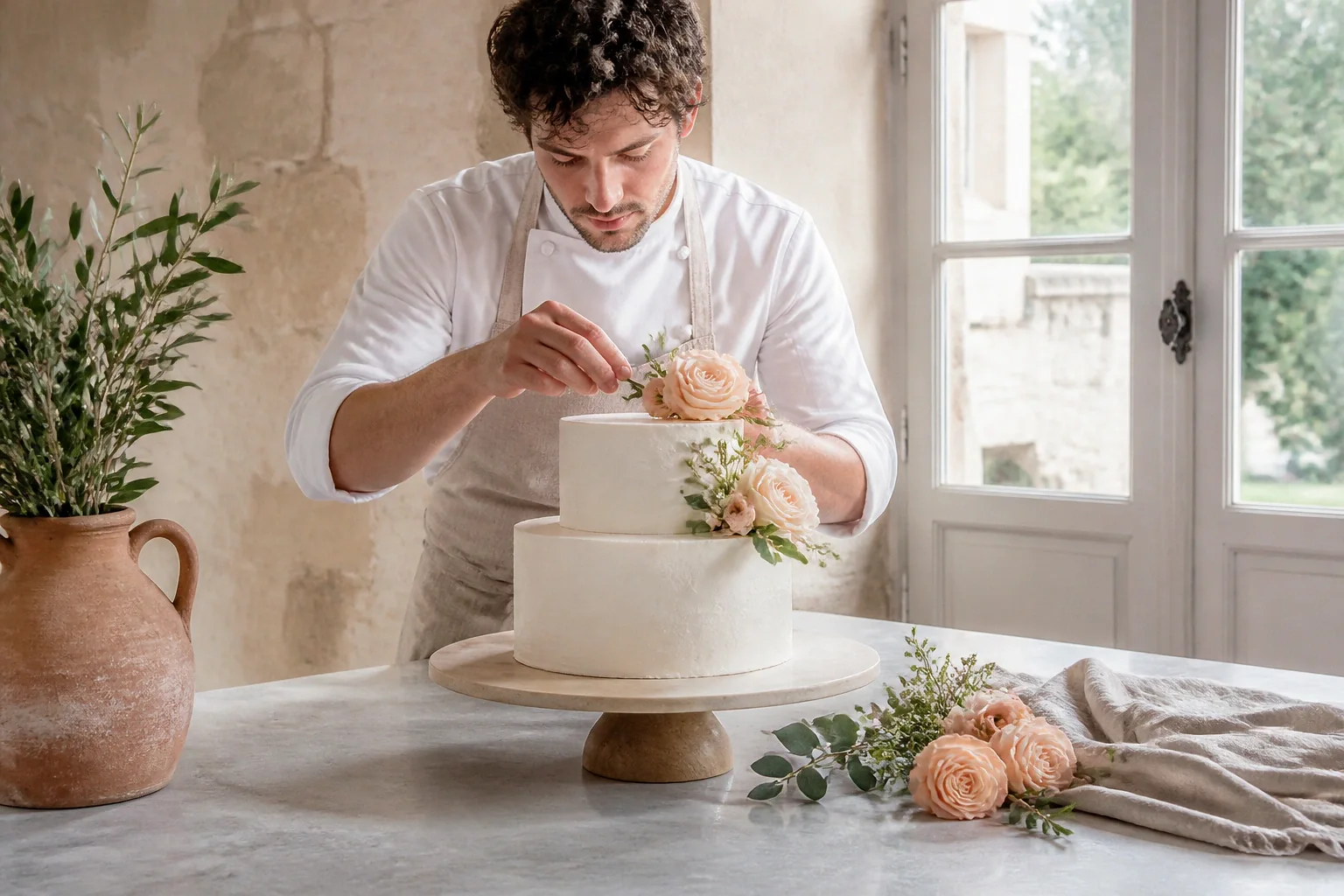 Gâteau de mariage préparé dans un atelier — illustration générée par IA