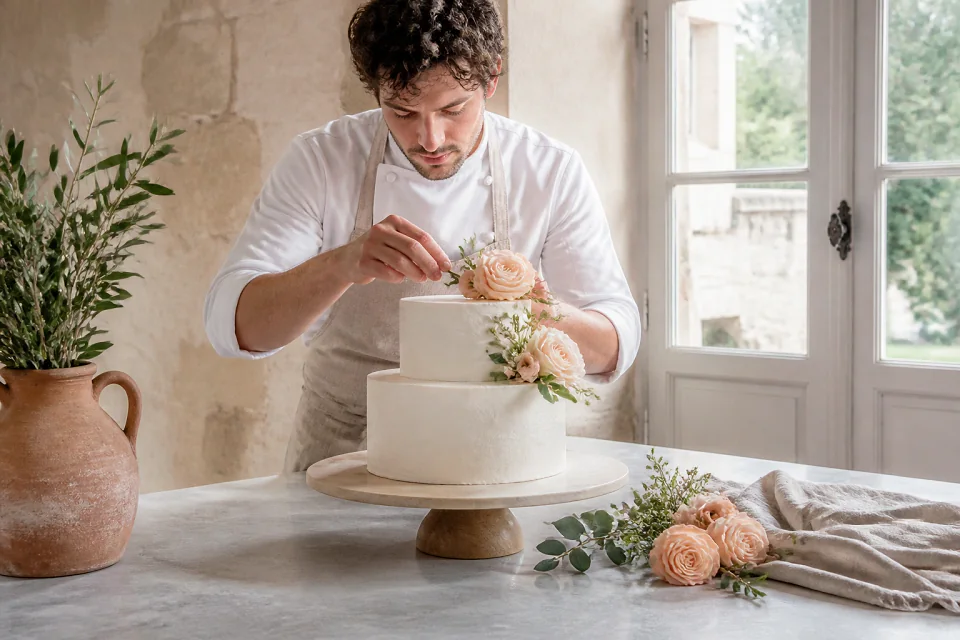Gâteau de mariage préparé dans un atelier — illustration générée par IA