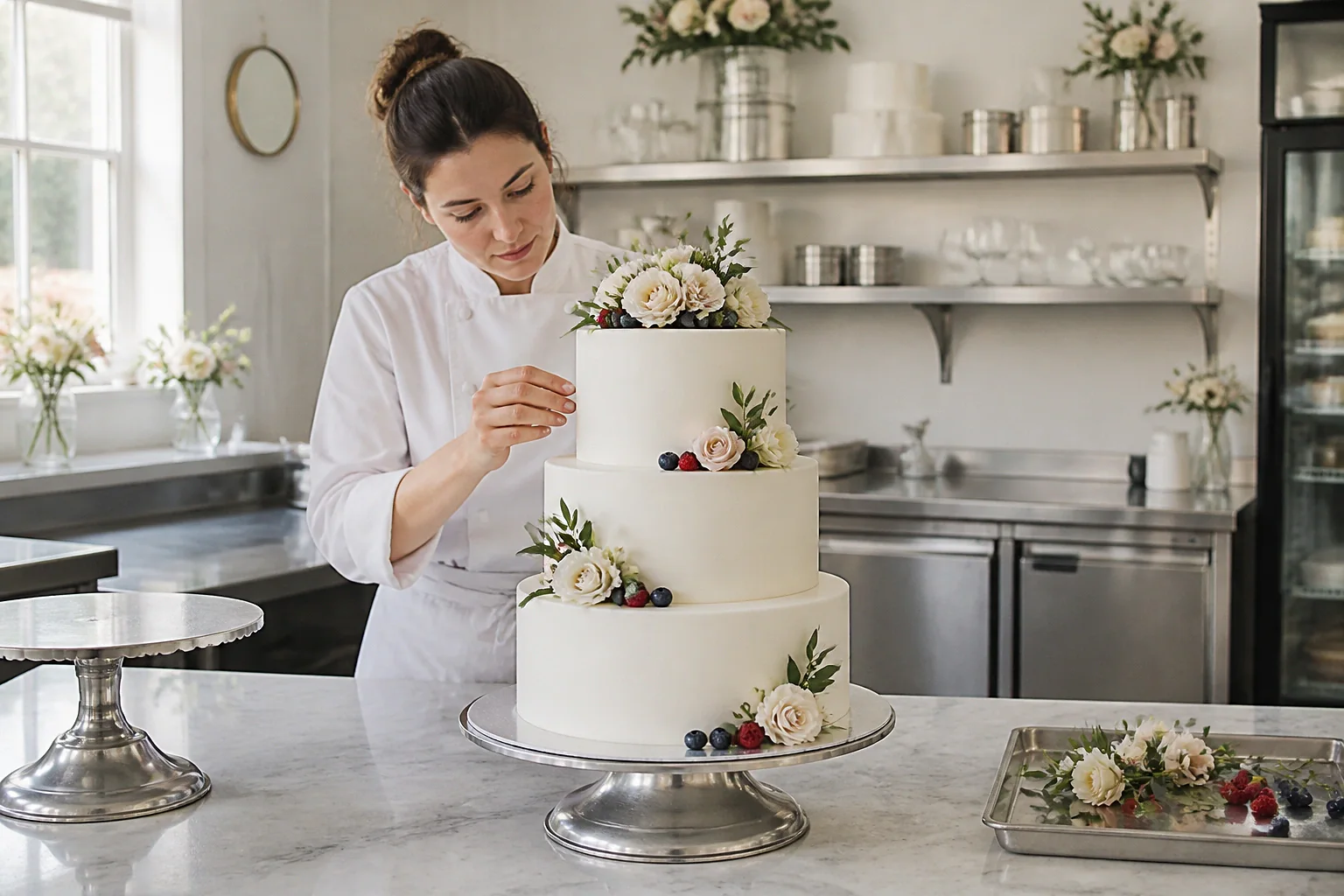 Gâteau de mariage préparé dans un atelier — illustration générée par IA