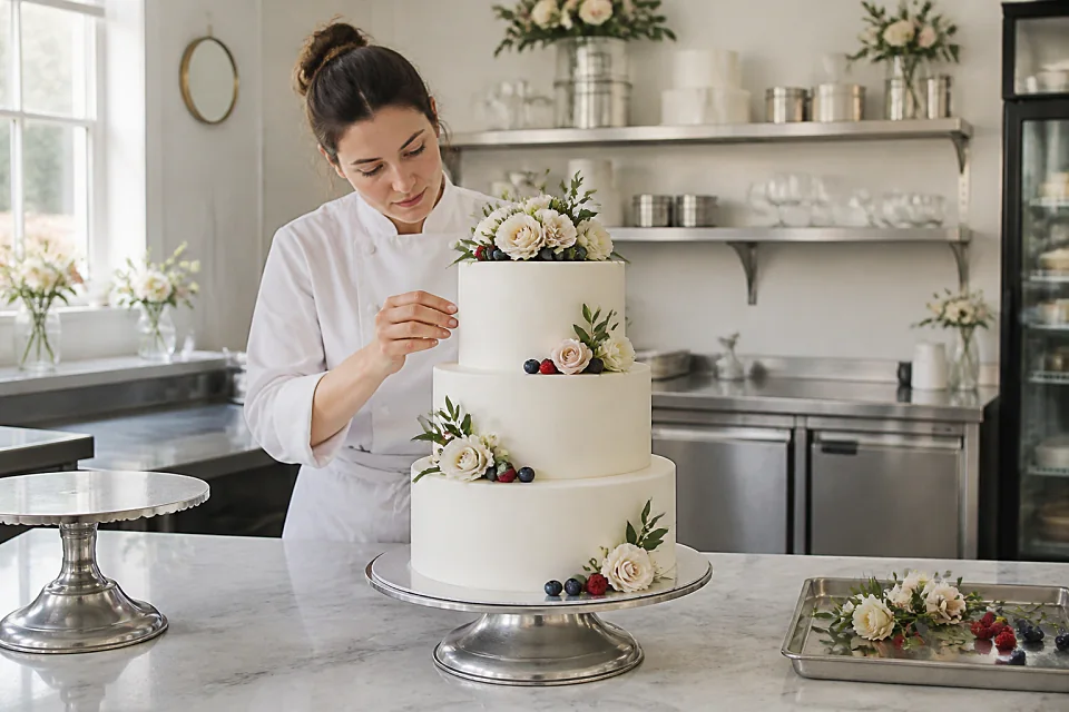 Gâteau de mariage préparé dans un atelier — illustration générée par IA