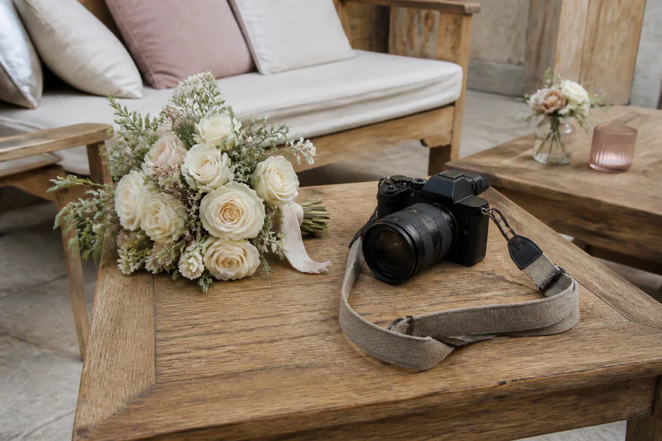 Appareil photo et accessoires de reportage de mariage — illustration générée par IA