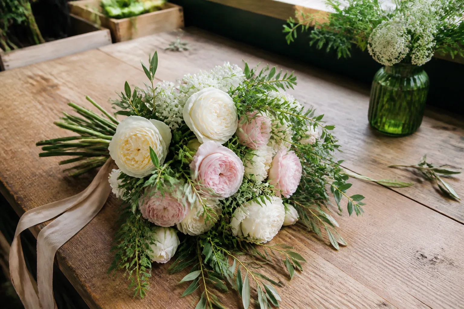 Préparation florale pour un mariage — illustration générée par IA