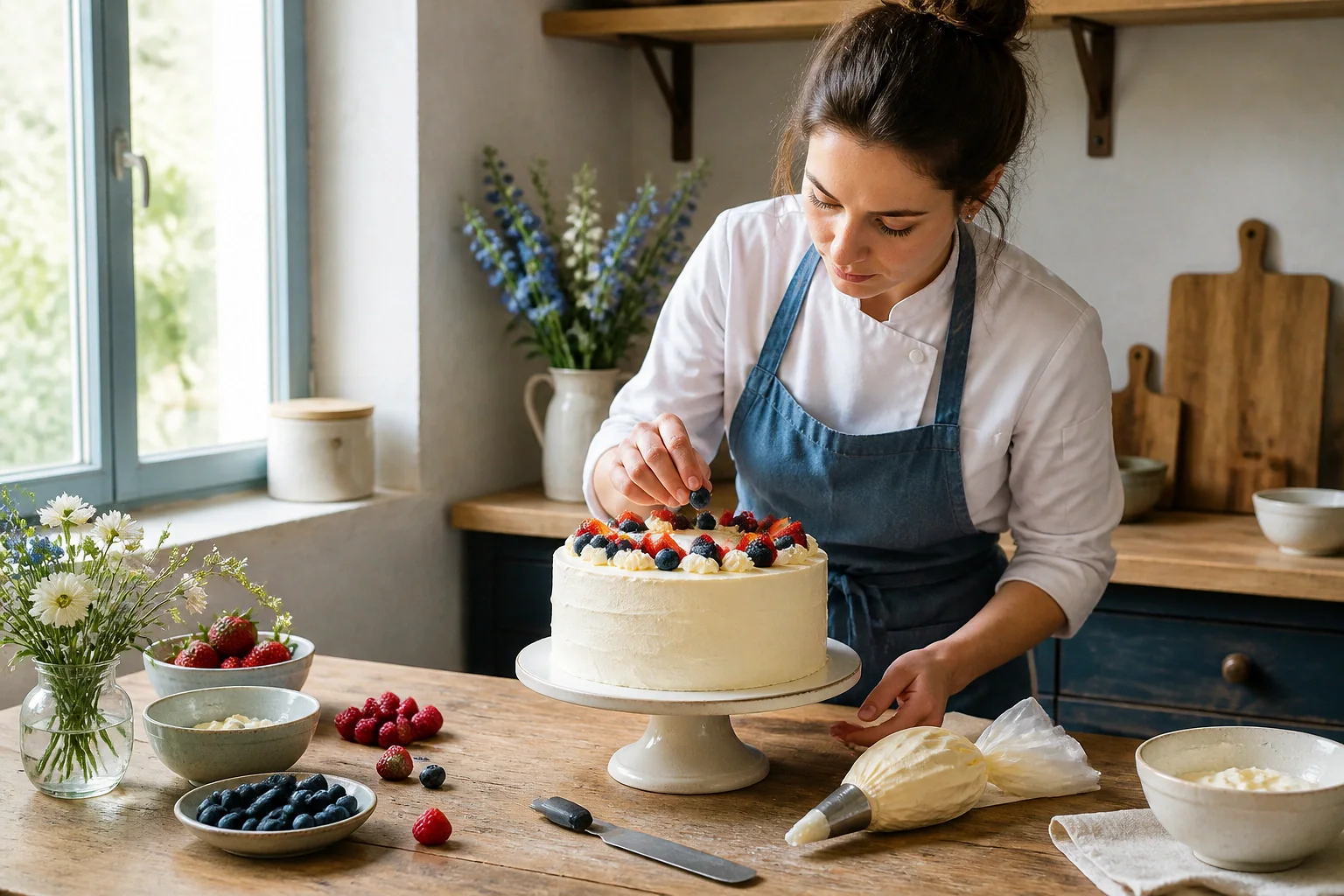 Gâteau de mariage préparé dans un atelier — illustration générée par IA