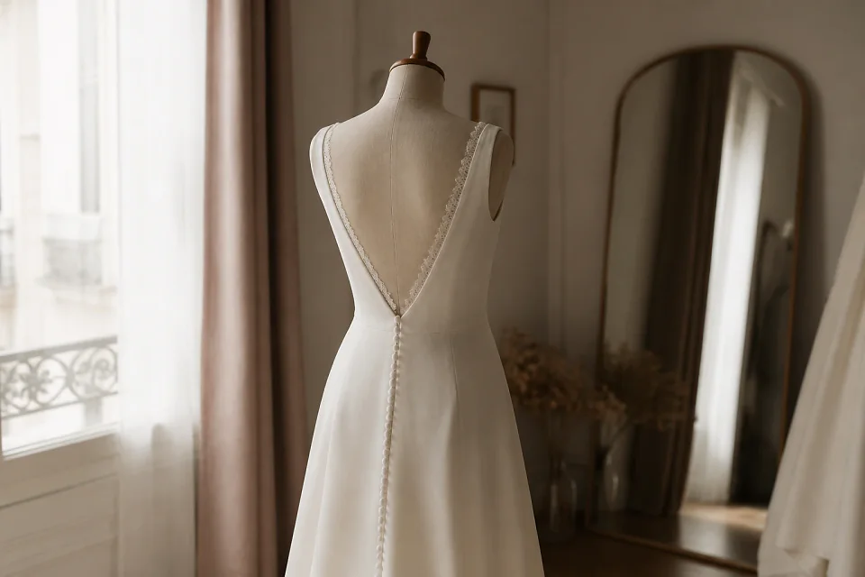 Robe de mariée dans un atelier de confection — illustration générée par IA