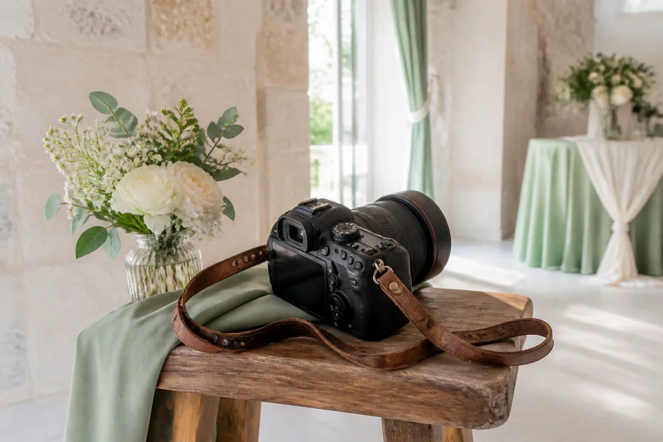 Appareil photo et accessoires de reportage de mariage — illustration générée par IA