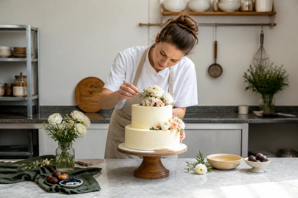 Gâteau de mariage préparé dans un atelier — illustration générée par IA