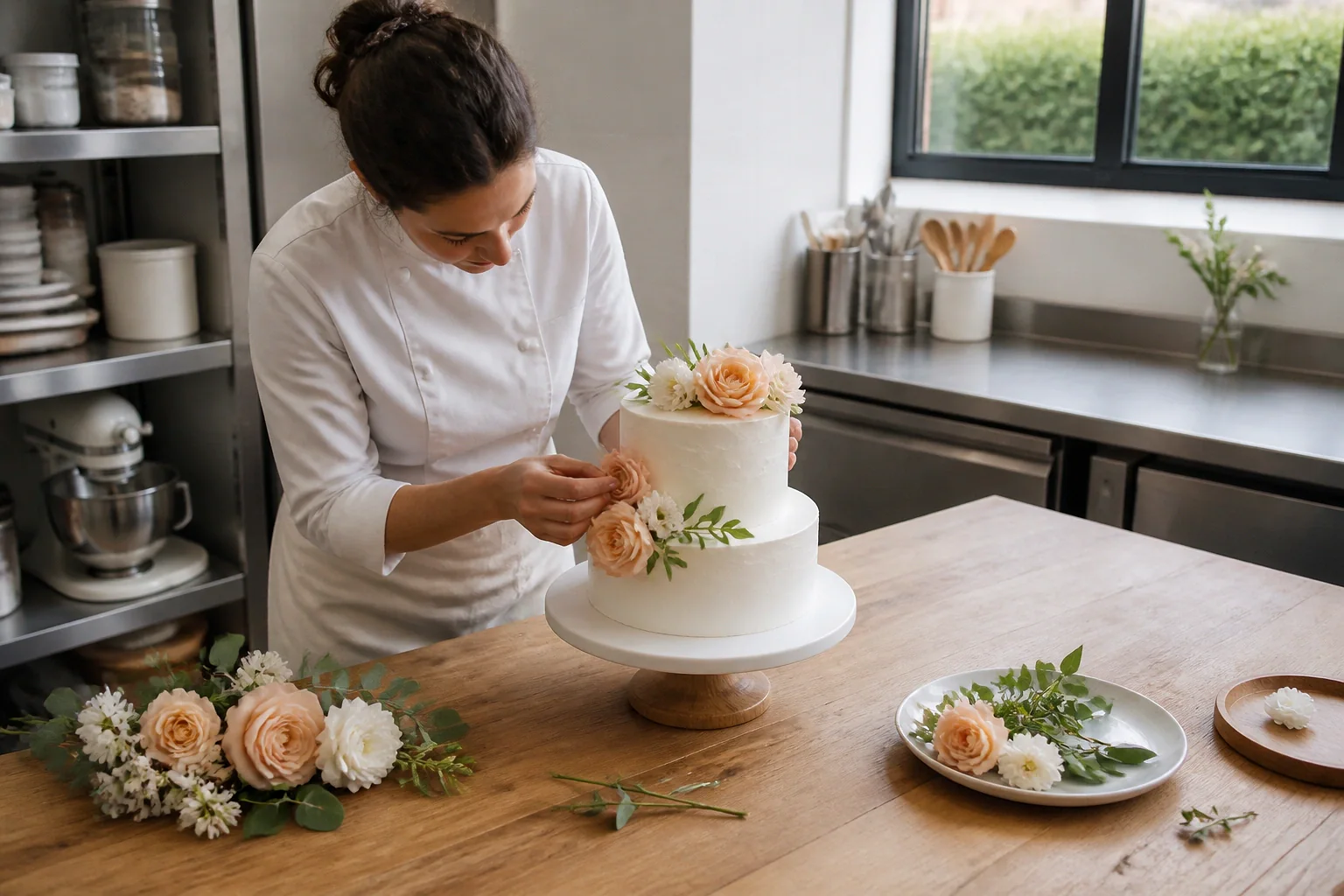 Gâteau de mariage préparé dans un atelier — illustration générée par IA