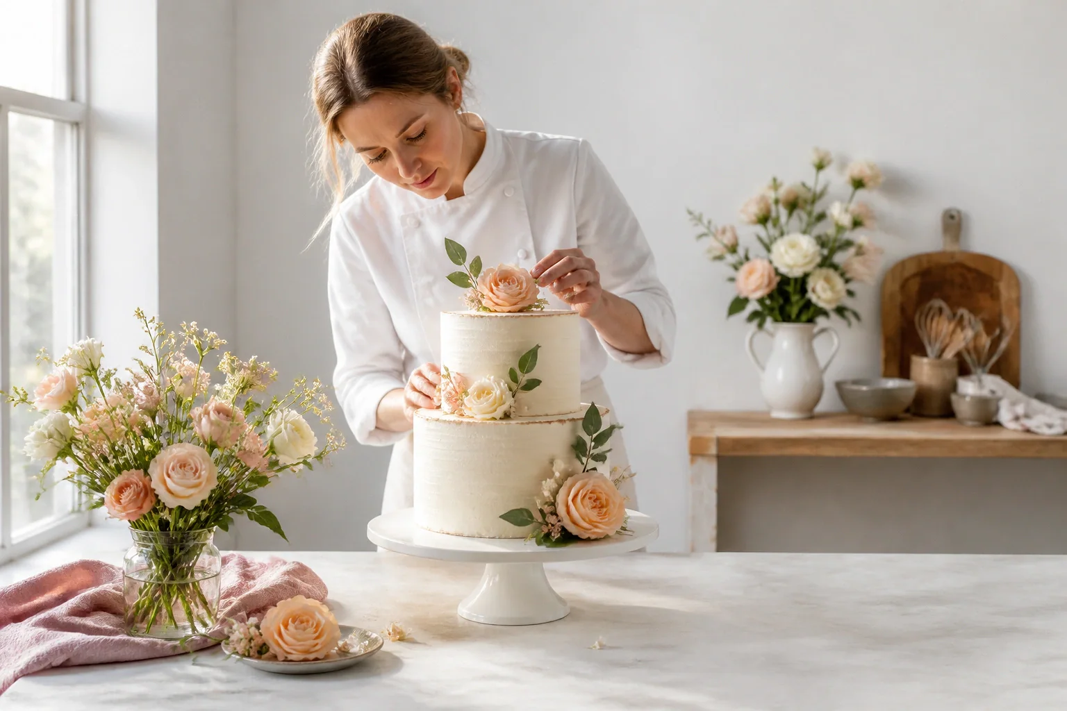 Gâteau de mariage préparé dans un atelier — illustration générée par IA