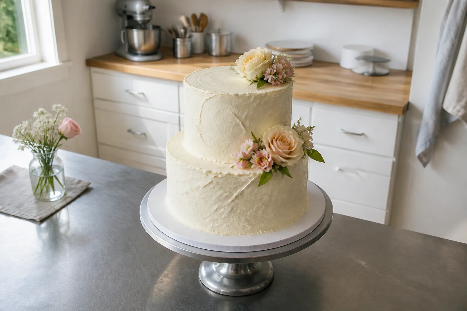 Gâteau de mariage préparé dans un atelier — illustration générée par IA