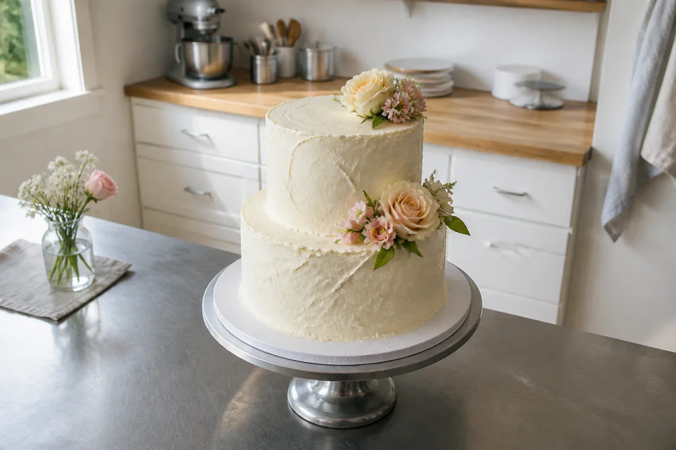 Gâteau de mariage préparé dans un atelier — illustration générée par IA