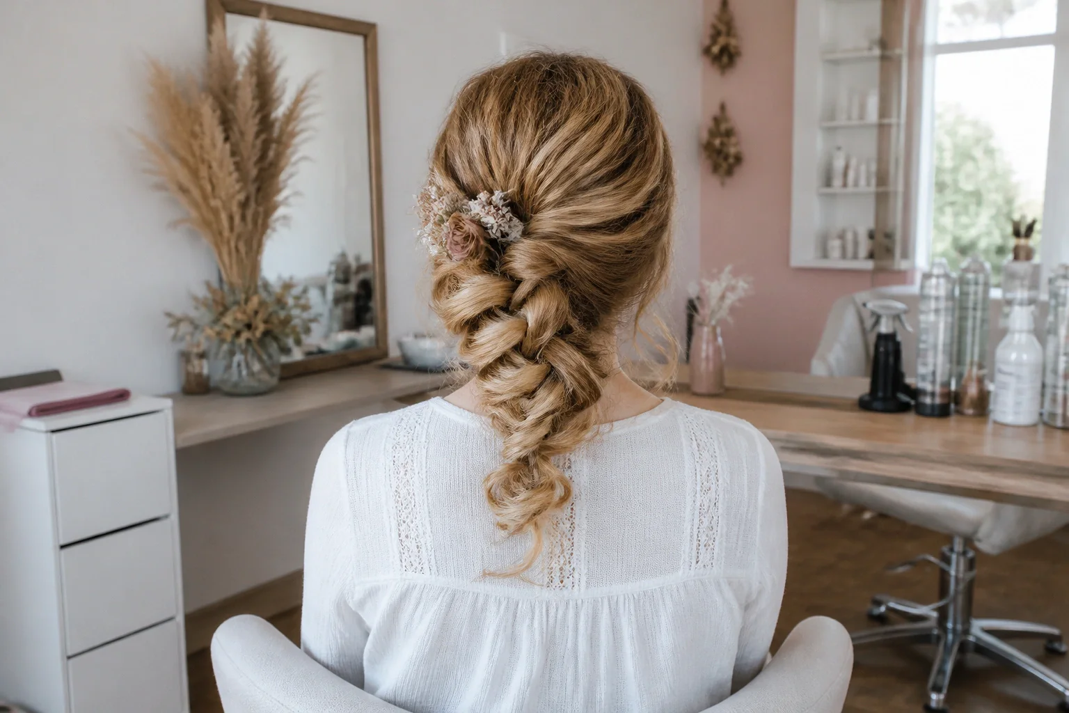 Coiffure de cérémonie vue pendant la préparation — illustration générée par IA