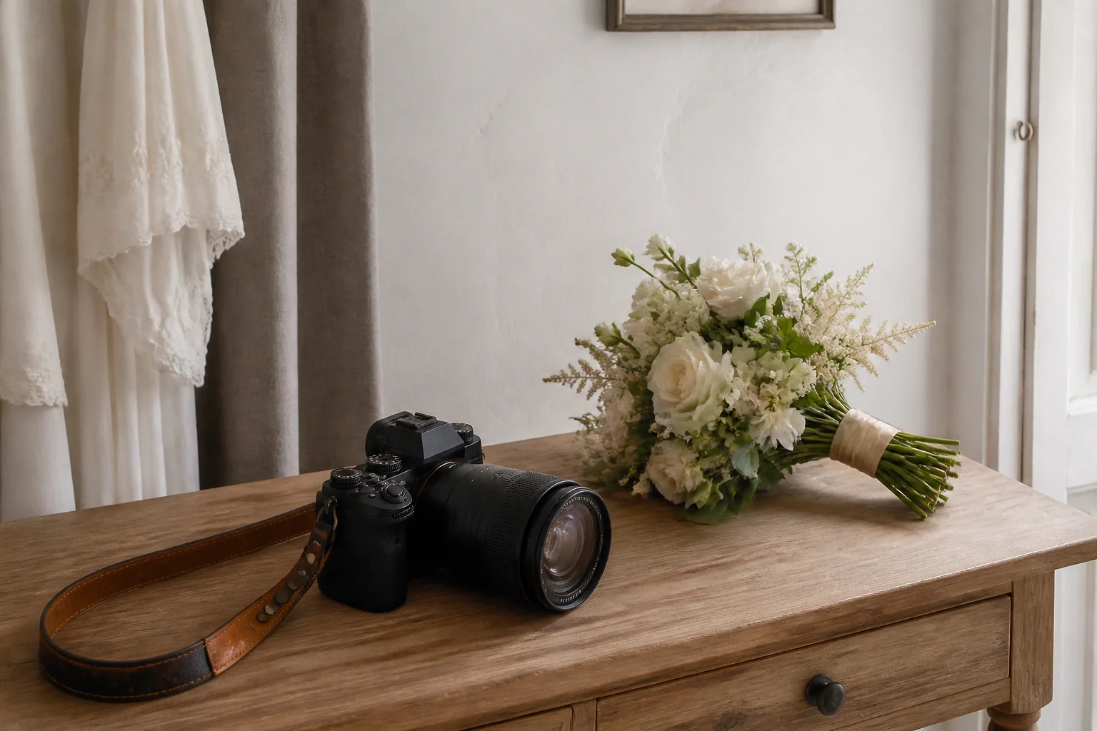 Appareil photo et accessoires de reportage de mariage — illustration générée par IA