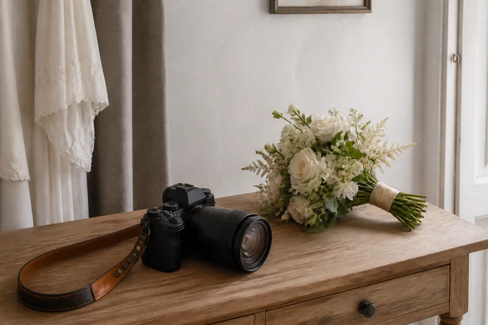 Appareil photo et accessoires de reportage de mariage — illustration générée par IA