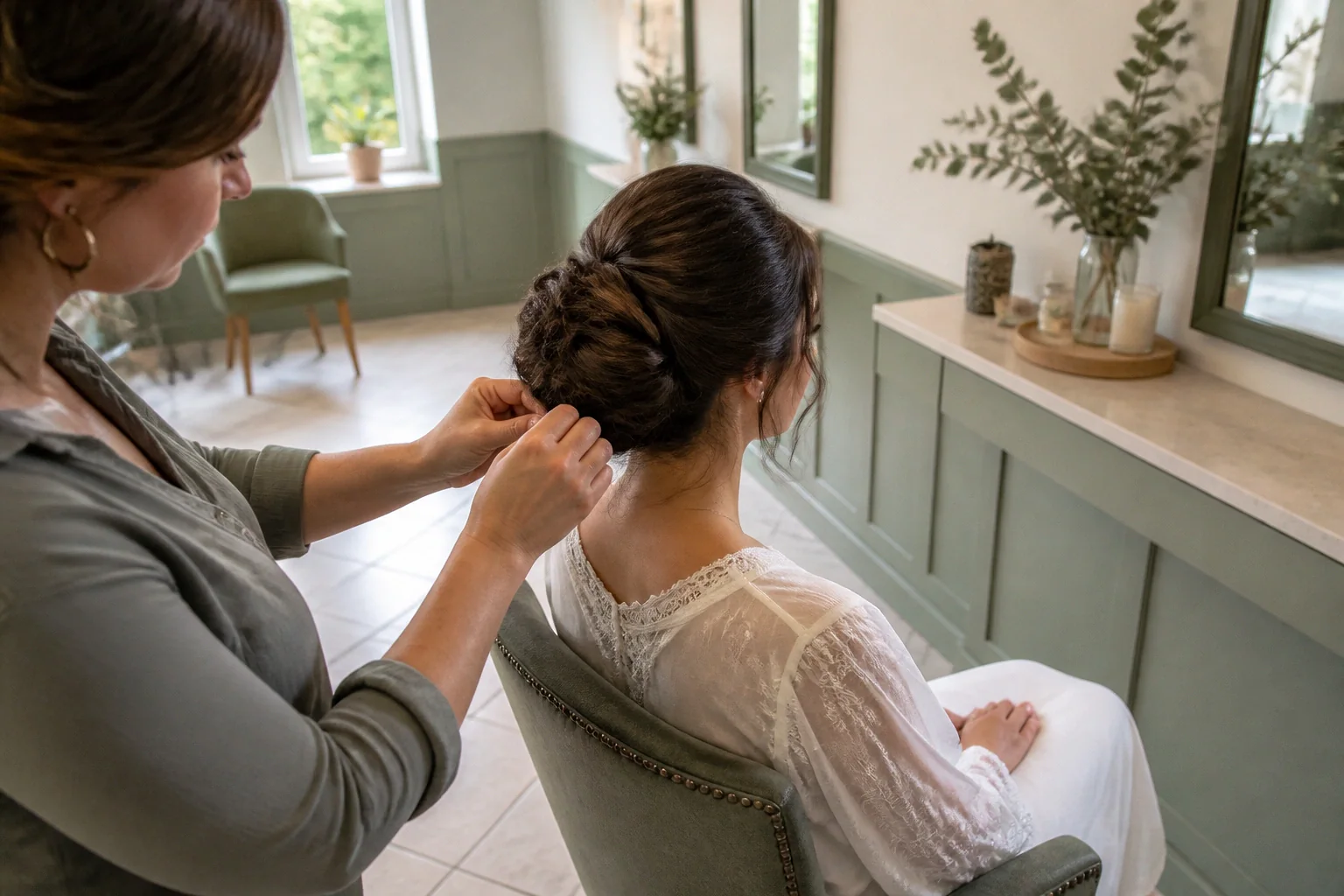 Coiffure de cérémonie vue pendant la préparation — illustration générée par IA