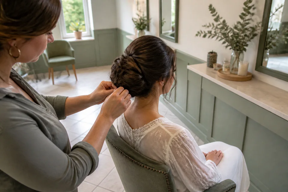 Coiffure de cérémonie vue pendant la préparation — illustration générée par IA