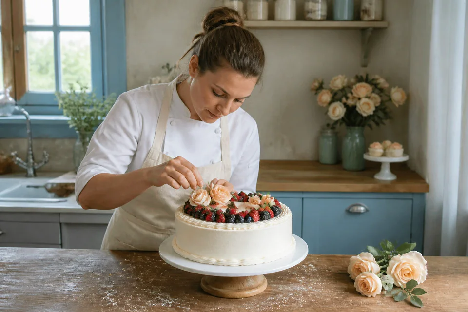 Gâteau de mariage préparé dans un atelier — illustration générée par IA