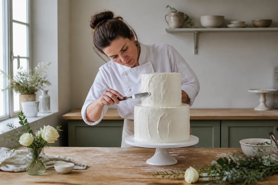 Gâteau de mariage préparé dans un atelier — illustration générée par IA
