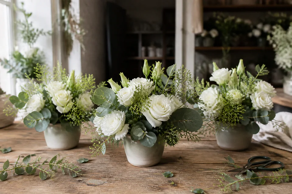 Préparation florale pour un mariage — illustration générée par IA