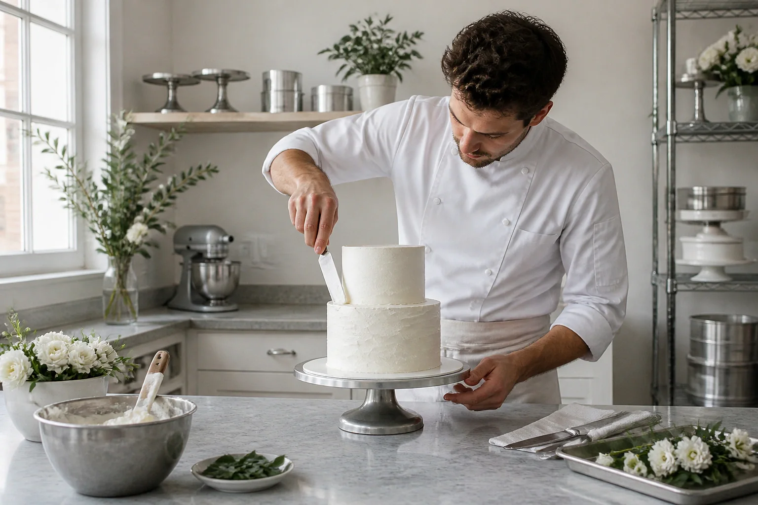 Gâteau de mariage préparé dans un atelier — illustration générée par IA