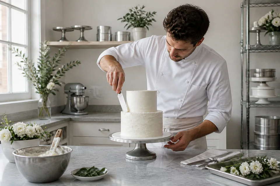 Gâteau de mariage préparé dans un atelier — illustration générée par IA